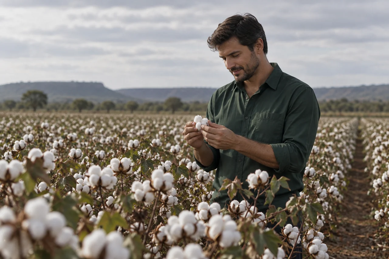 Profissional rural em plantação brasileira de algodão.