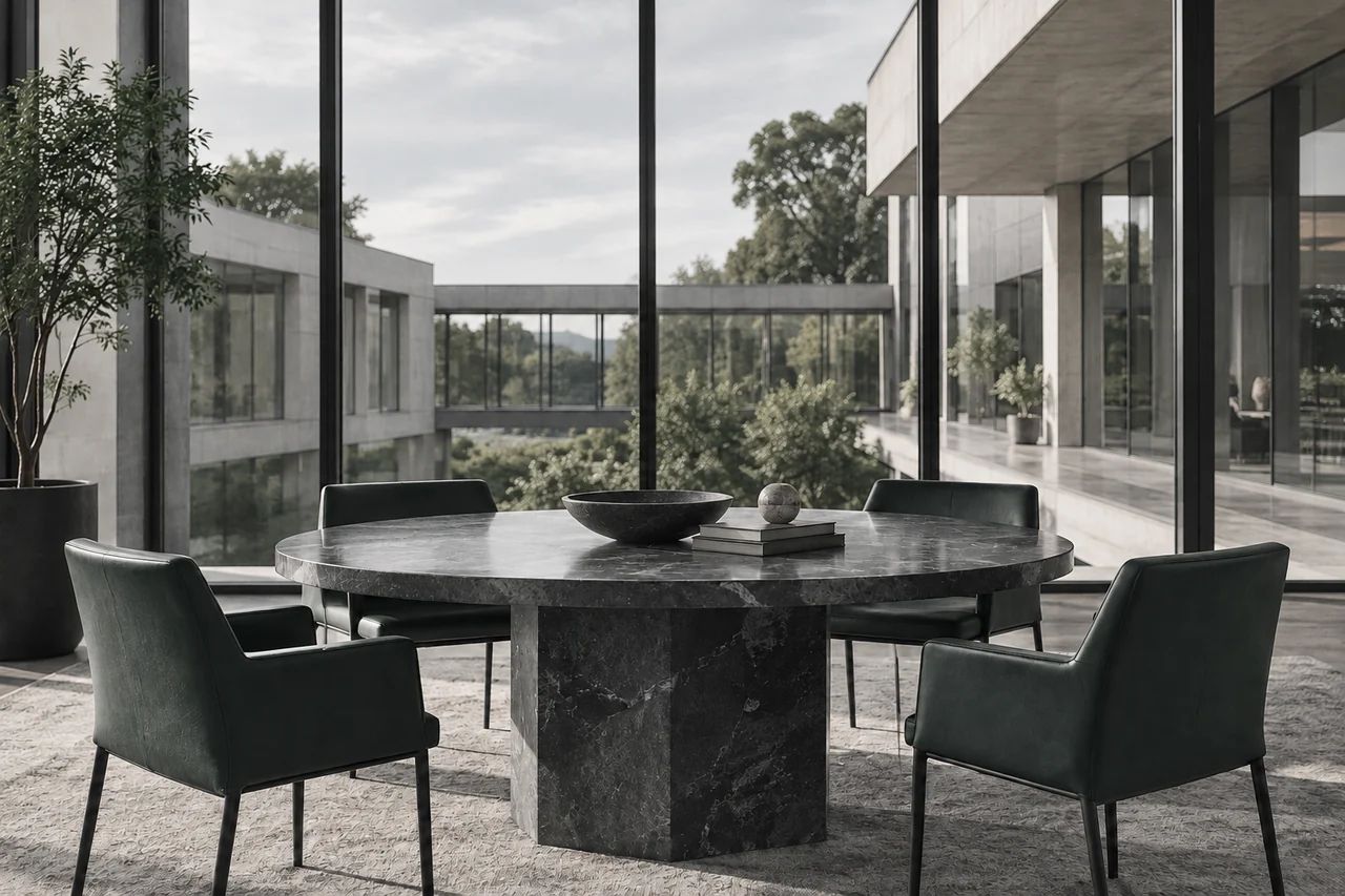 Sala de reunião com mesa de pedra e grandes janelas para um jardim.