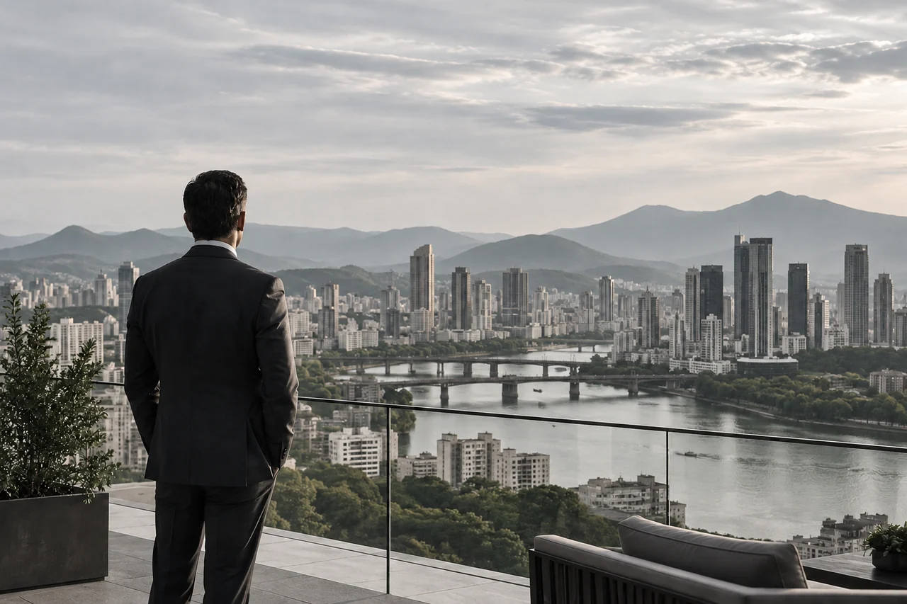 Vista de uma cidade a partir de um terraço elevado.