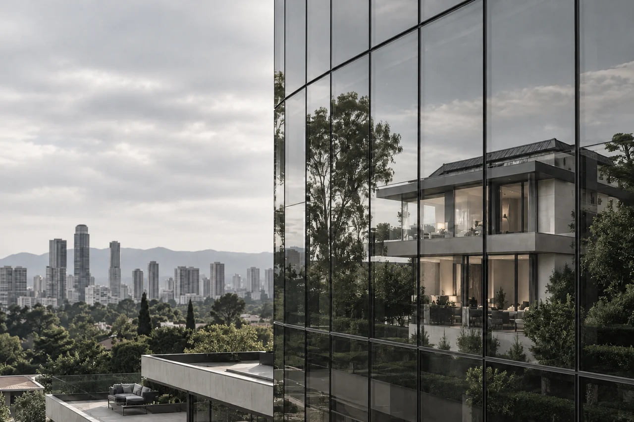 Edifícios residenciais refletidos na fachada de uma torre de vidro.
