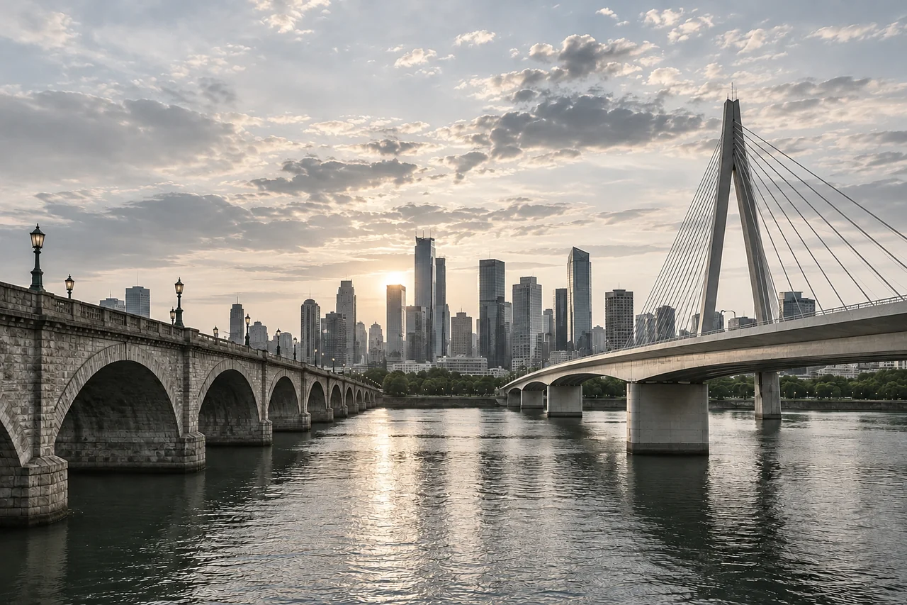 Duas pontes diferentes conduzindo ao mesmo horizonte urbano.