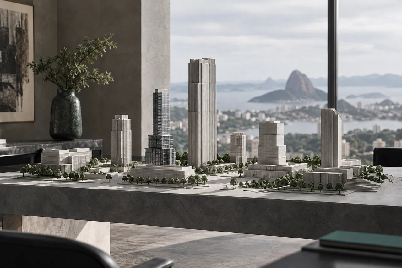 Maquete arquitetônica com torres de alturas variadas.