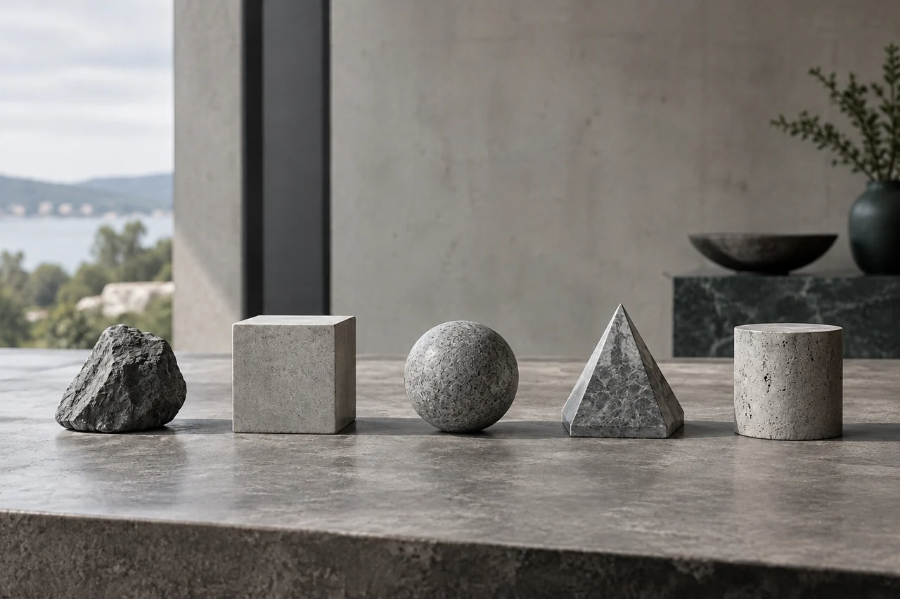 Cinco volumes de materiais e formatos diferentes sobre uma mesa.