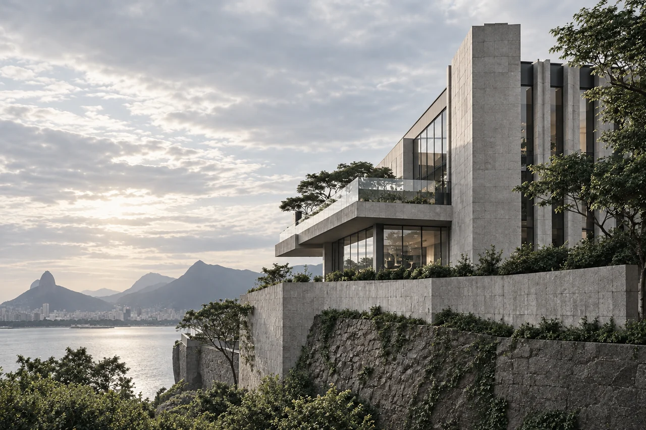 Edifício apoiado em uma base de pedra diante da paisagem.