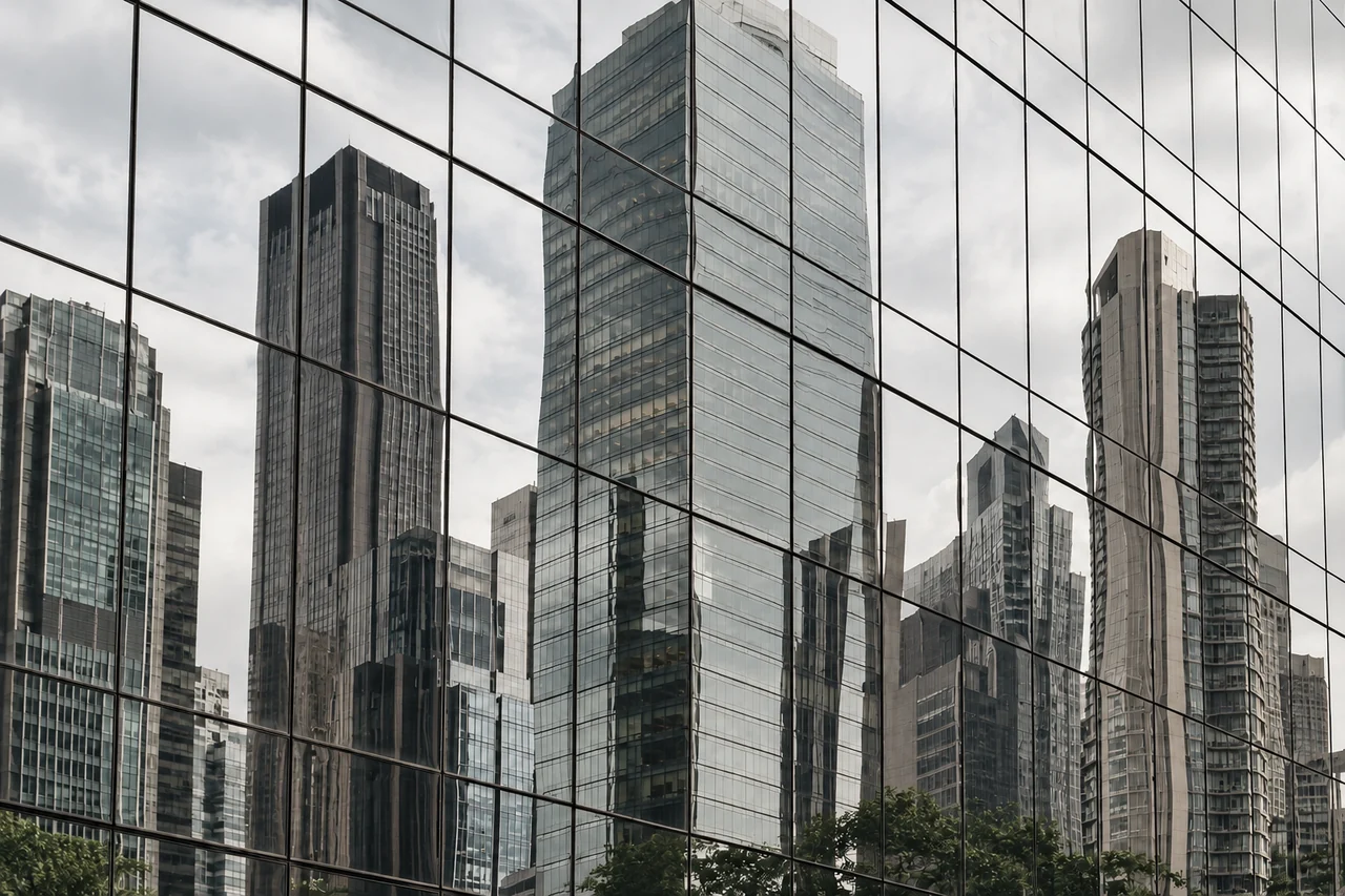 Torres refletidas em uma fachada contínua de vidro.