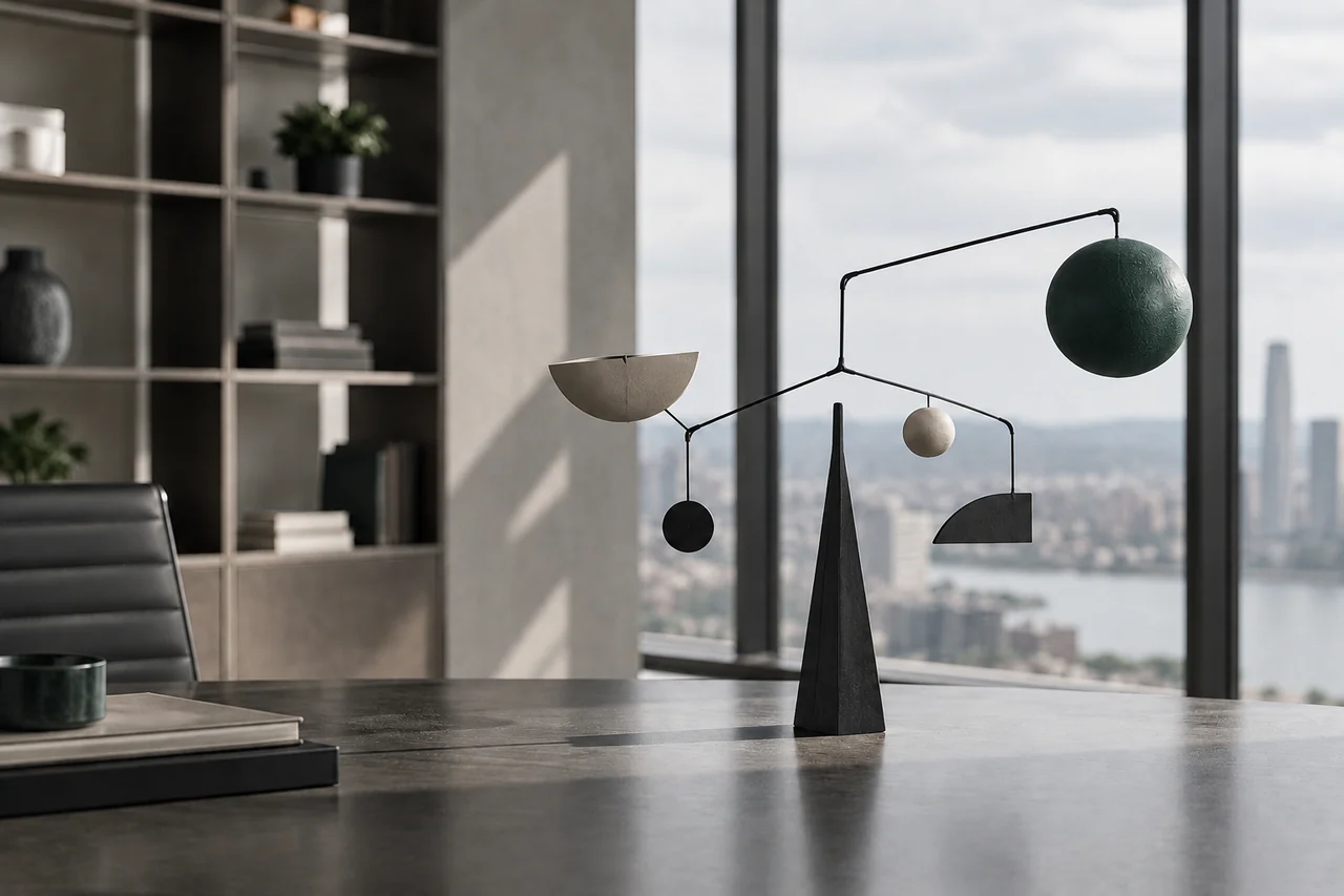 Escultura suspensa com elementos equilibrados em um escritório.