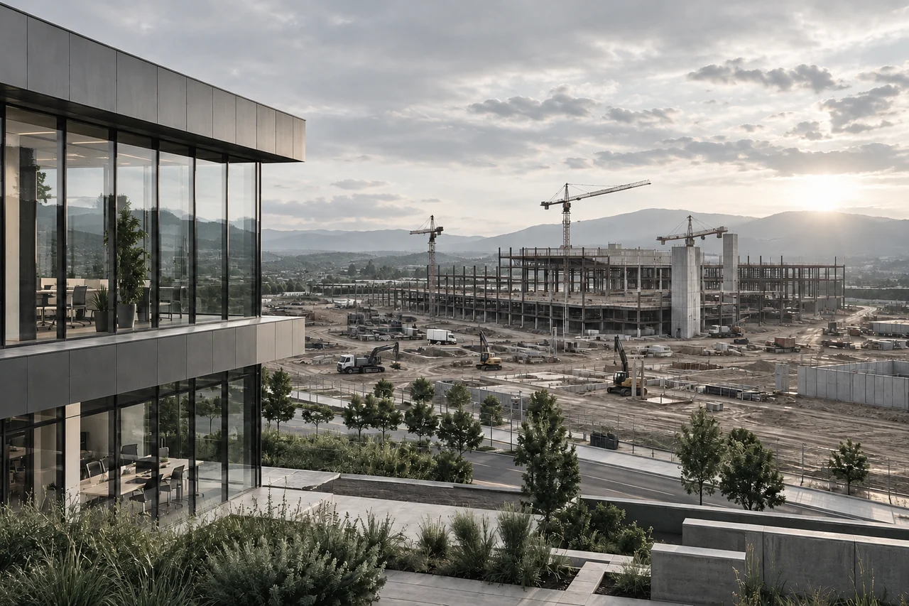 Campus industrial em construção junto a um edifício já concluído.