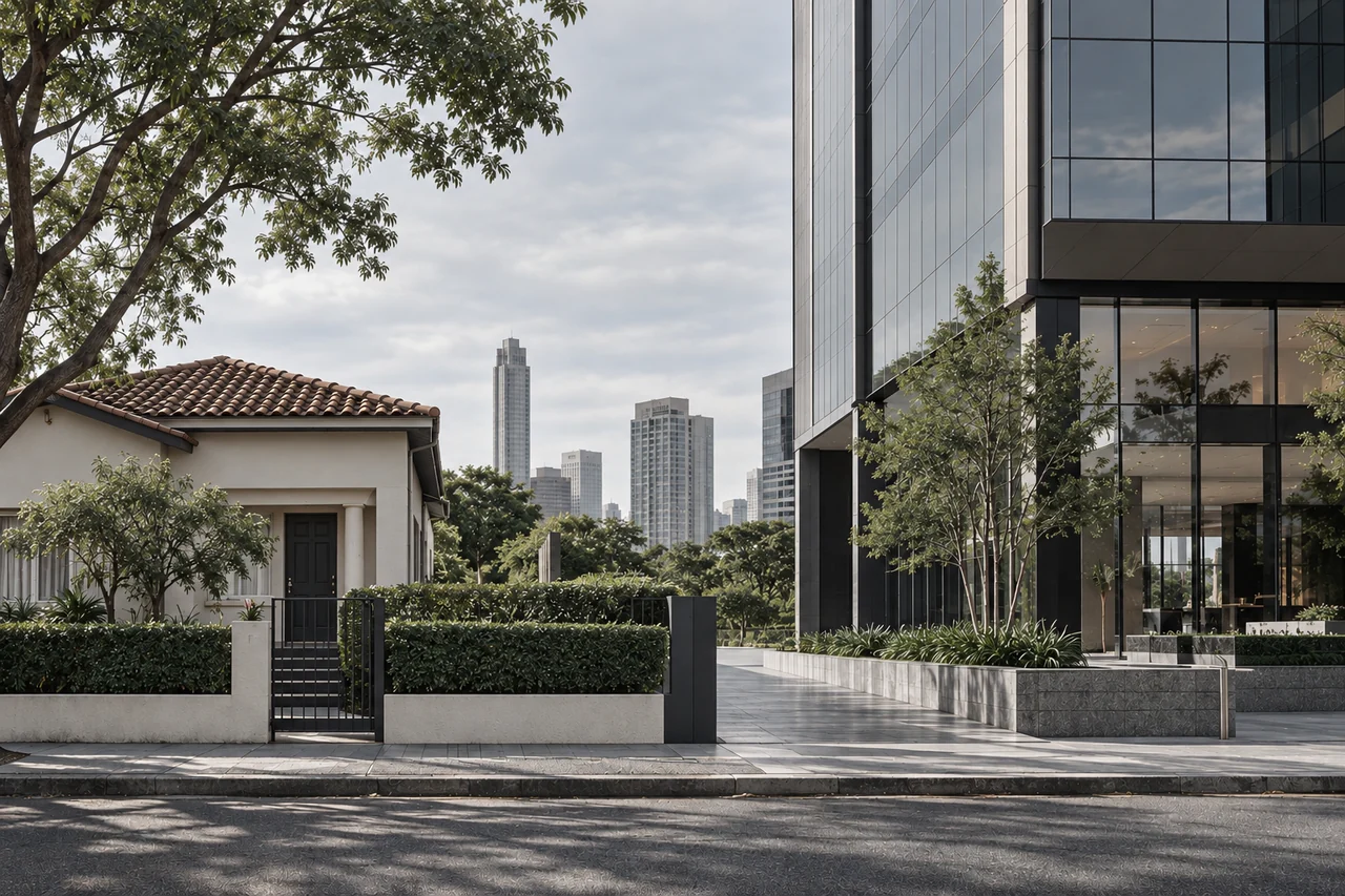 Residência e prédio corporativo em uma mesma paisagem urbana.