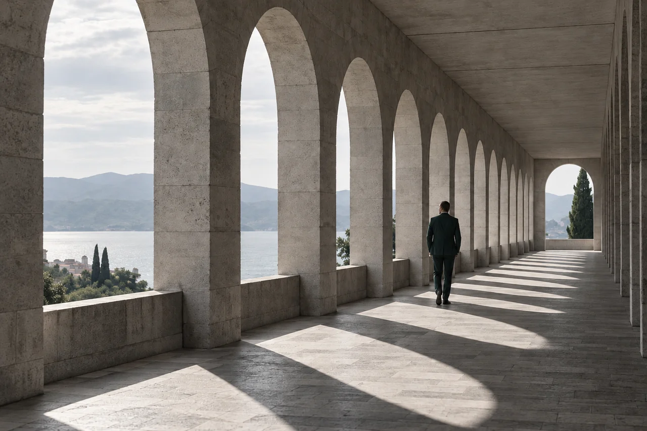 Sequência de arcos e sombras ao longo de um corredor.