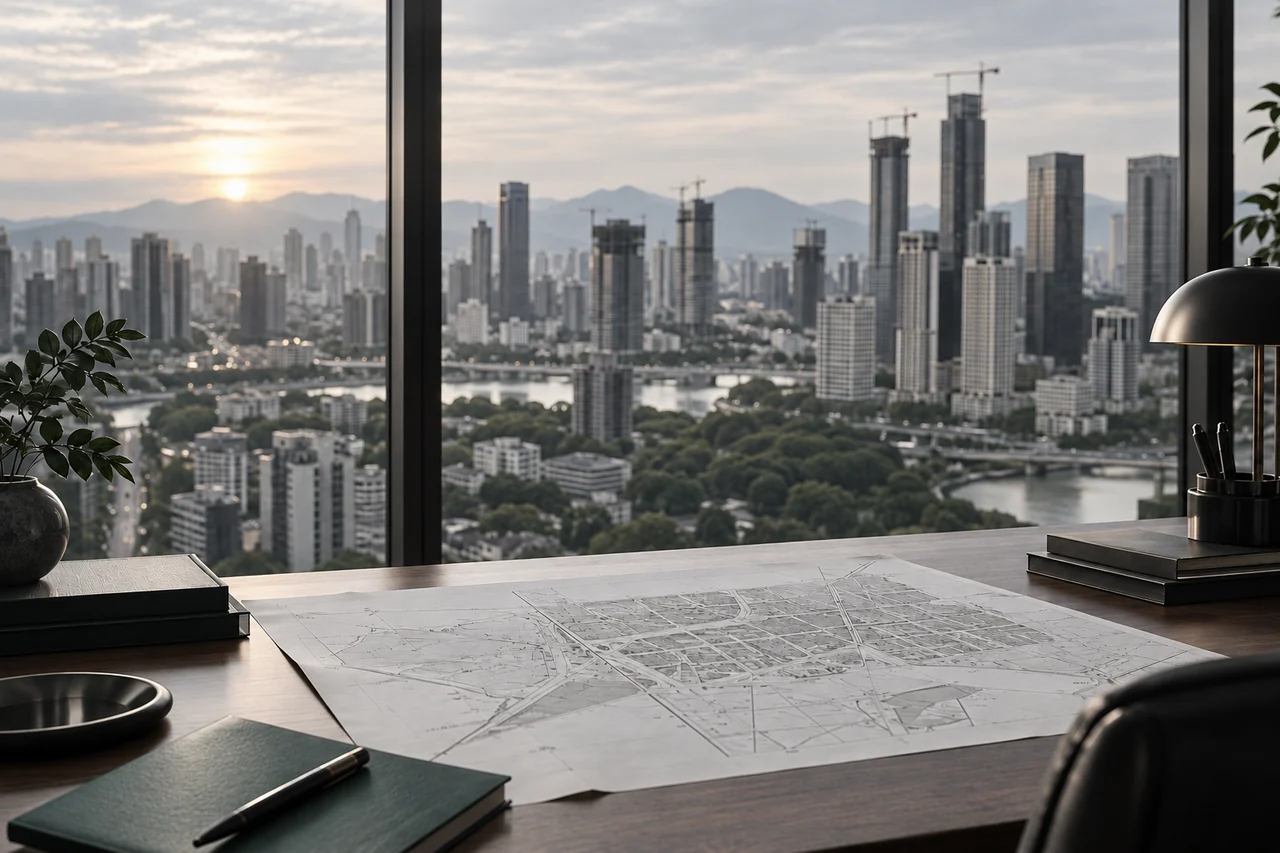 Mesa de trabalho com planejamento diante da cidade.