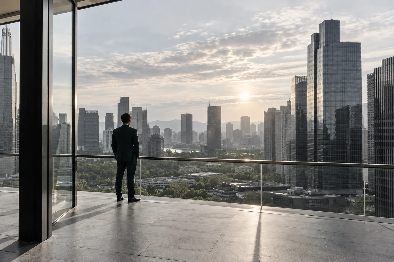 Luz da manhã sobre edifícios de uma área empresarial.