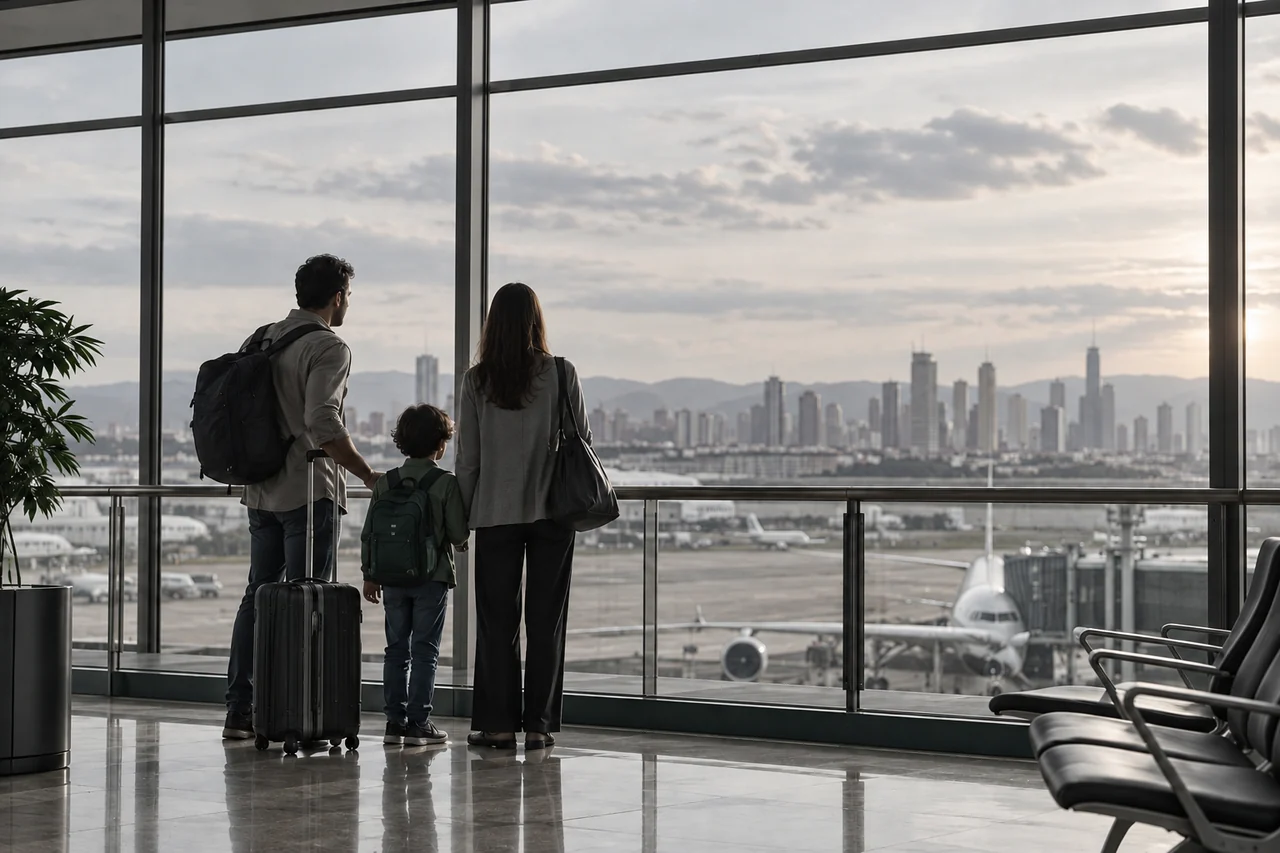 Família observando uma cidade por grandes janelas.