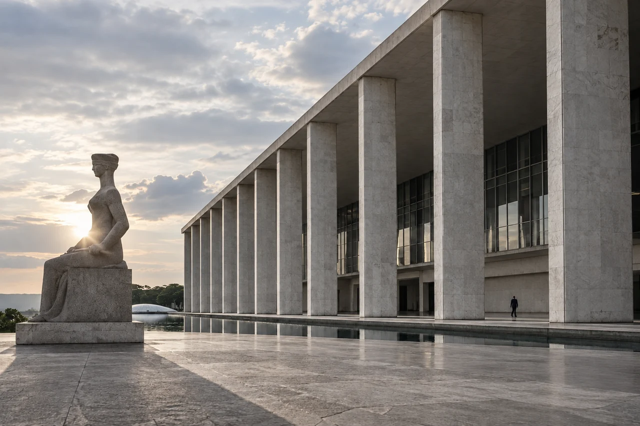 Edifício institucional sustentado por grandes colunas.