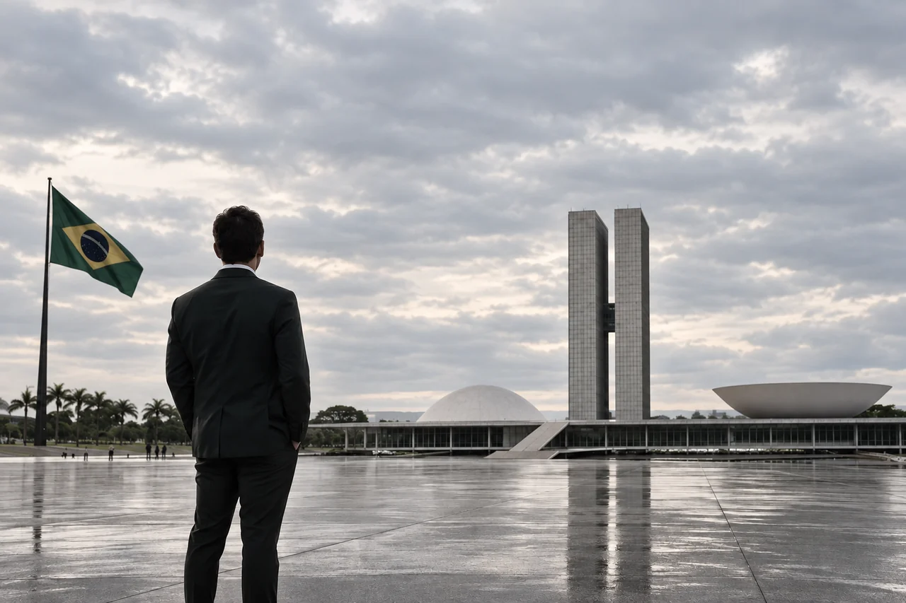 Praça diante de edifícios públicos sob um céu carregado.