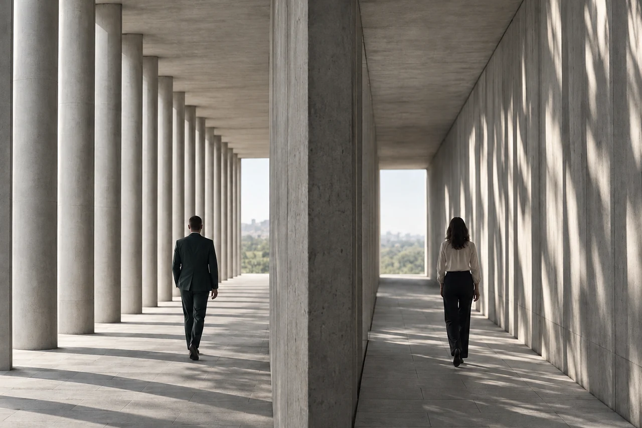 Dois corredores paralelos com diferentes padrões de luz.