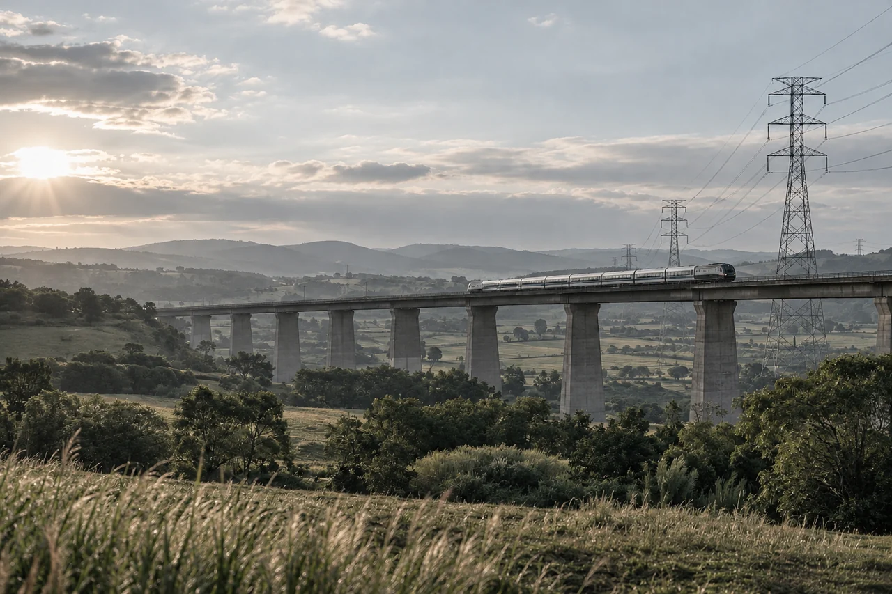 Viaduto ferroviário e linhas de transmissão em uma paisagem rural.