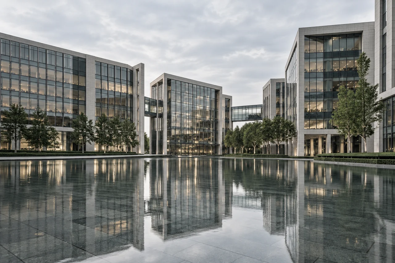 Edifícios corporativos refletidos em um espelho d’água.