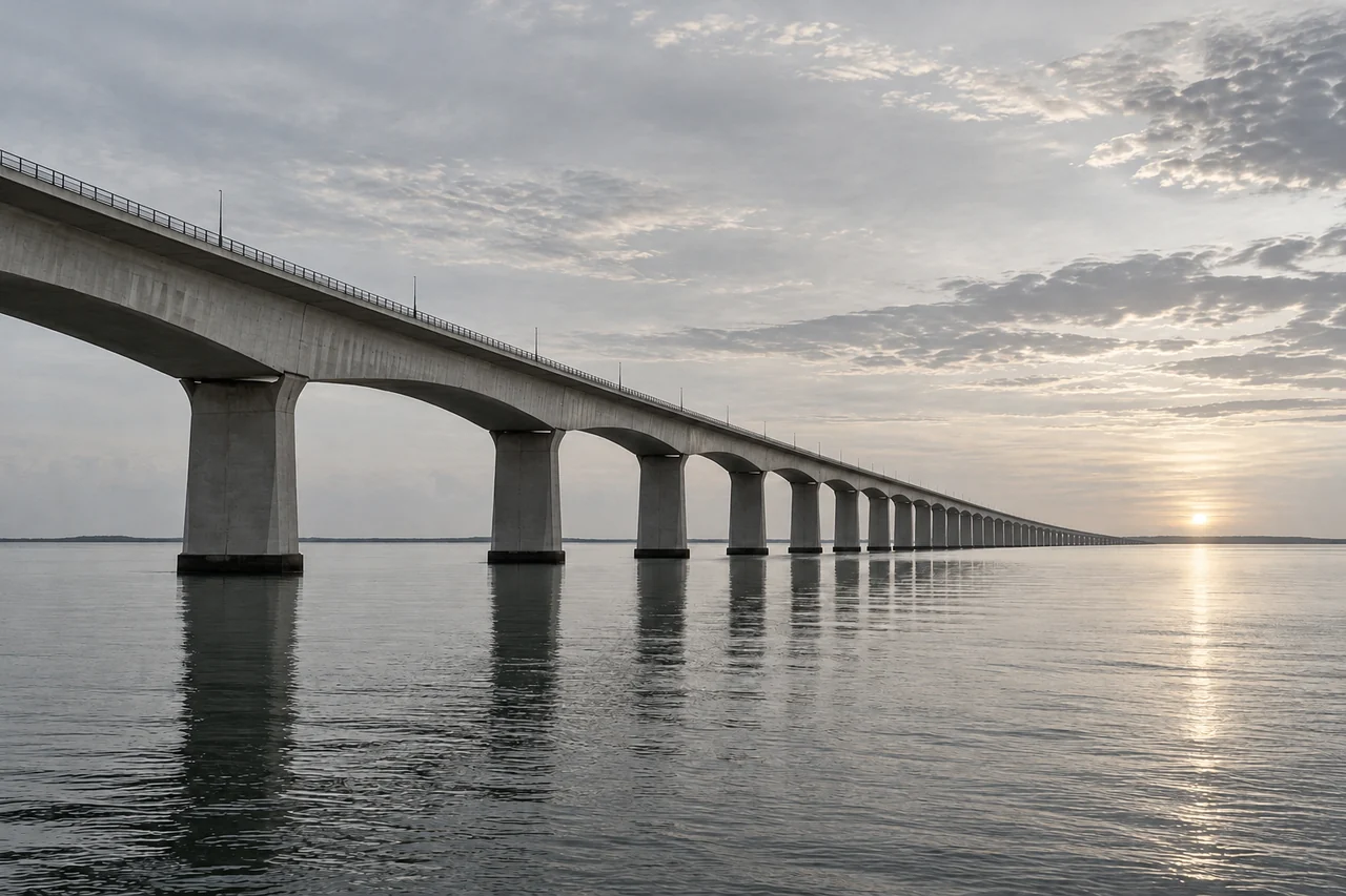 Ponte de longa extensão diante de um horizonte tranquilo.