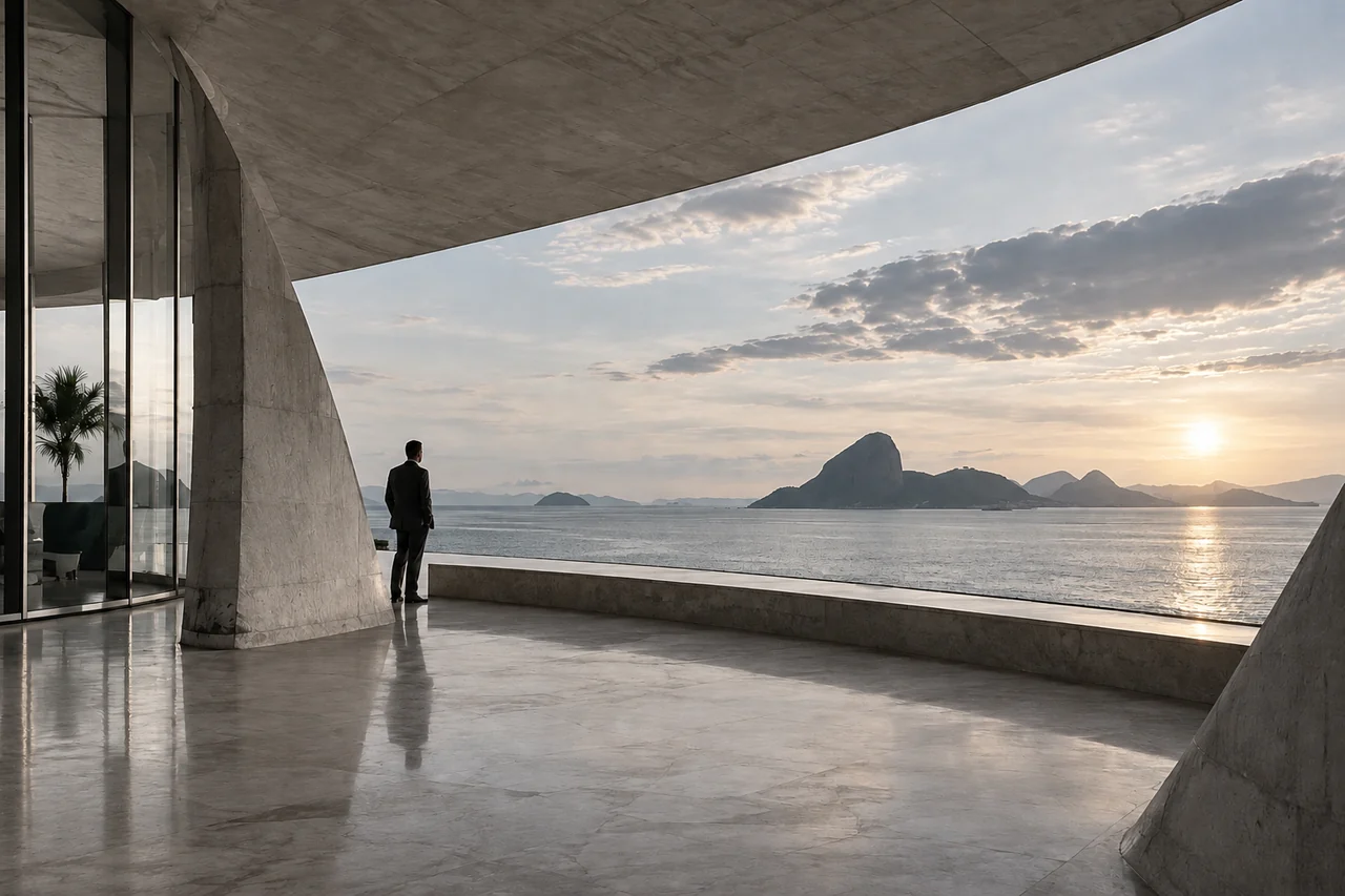 Horizonte do mar emoldurado por arquitetura modernista.