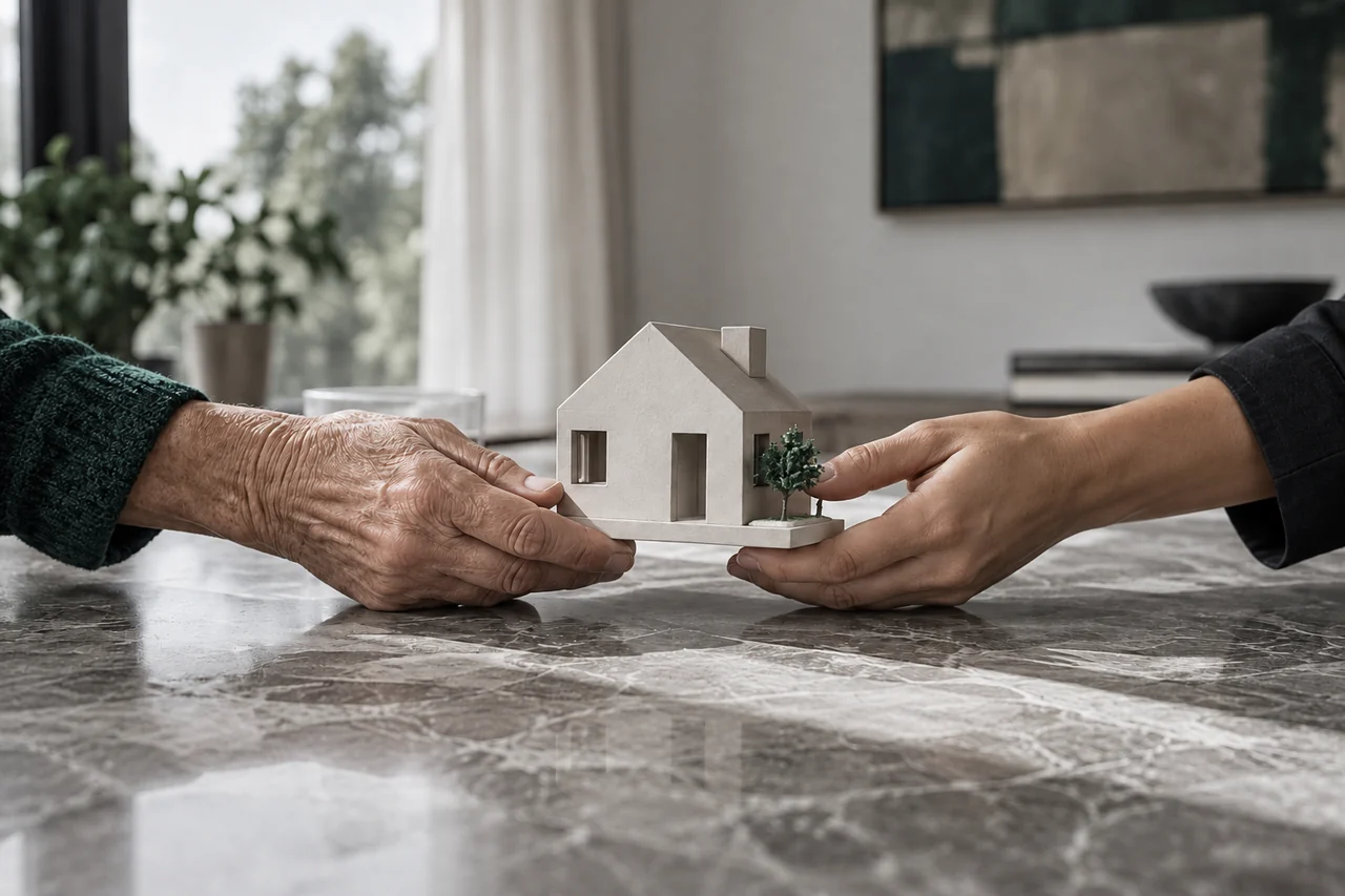Mãos de duas gerações compartilhando uma pequena maquete de casa.