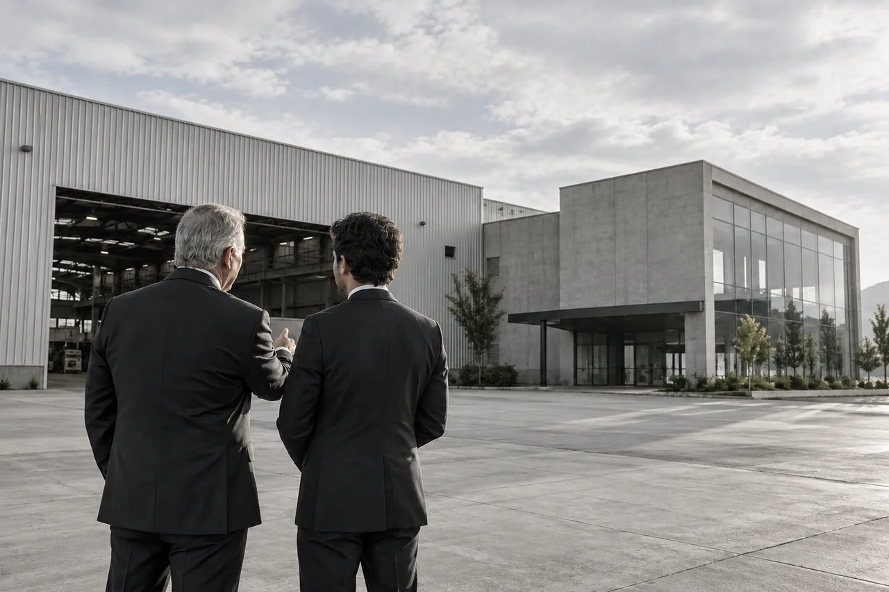 Instalação industrial com uma construção nova ao lado.