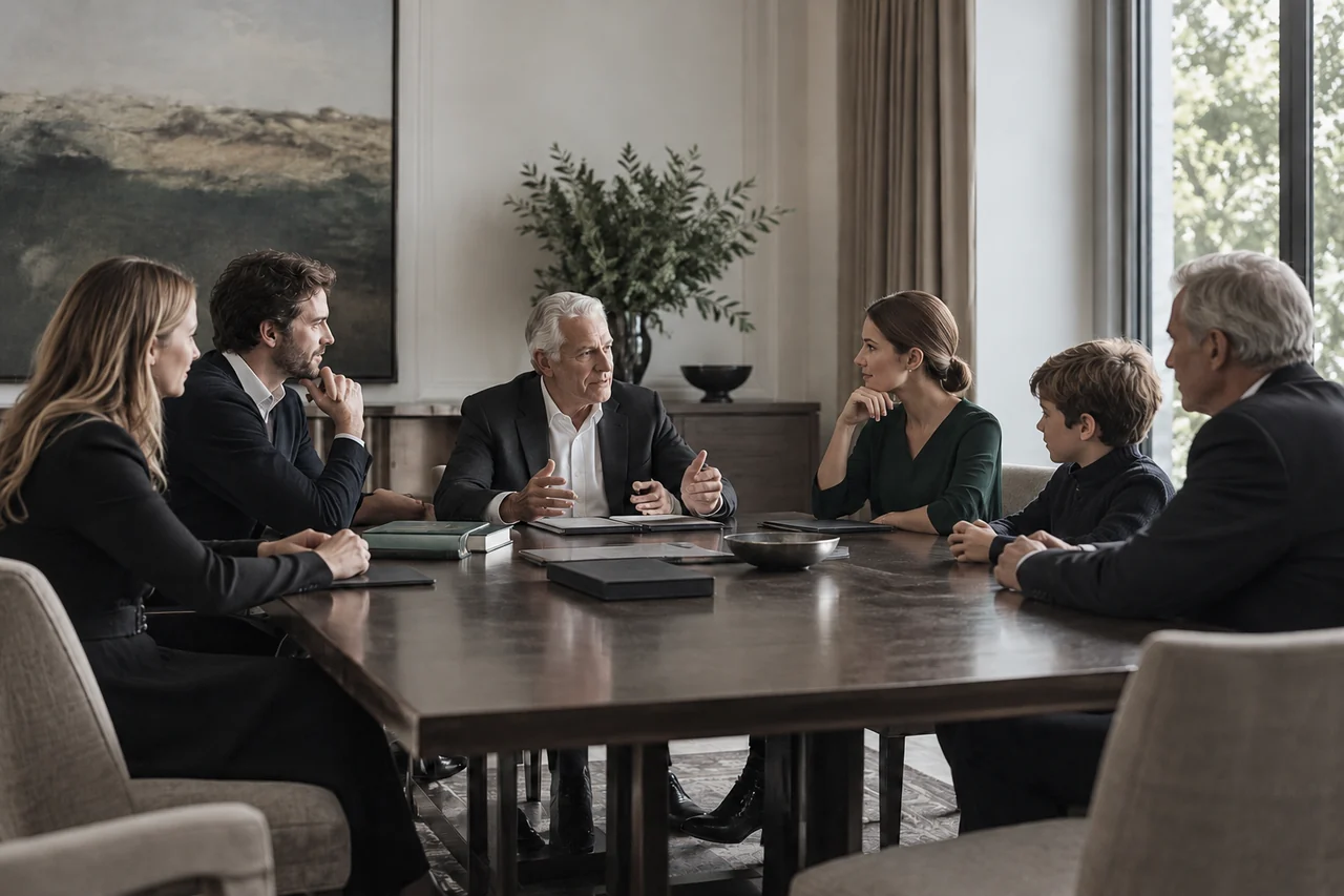 Reunião de uma família em torno de uma mesa.
