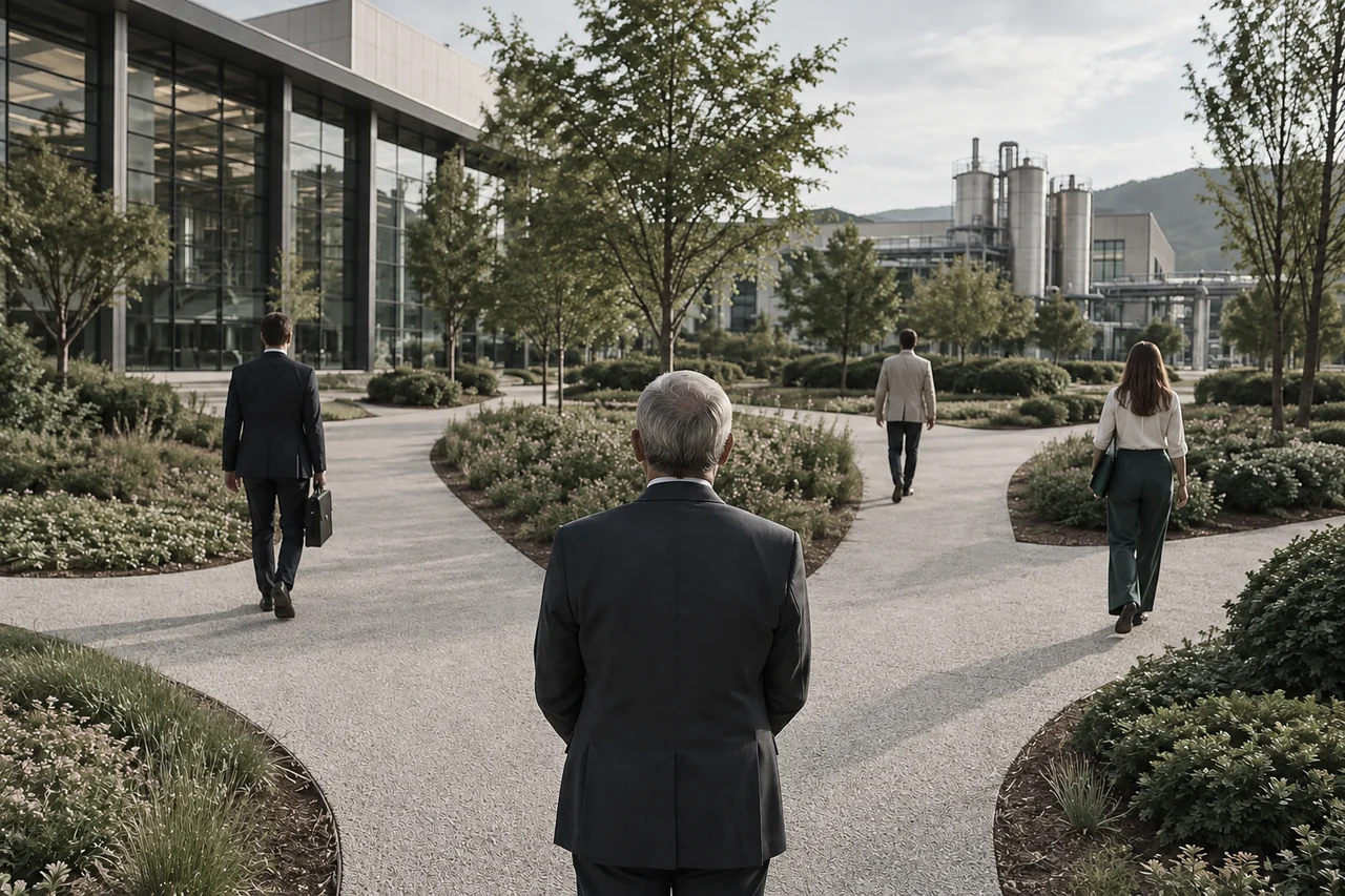 Caminhos que se dividem nos jardins de uma sede empresarial.