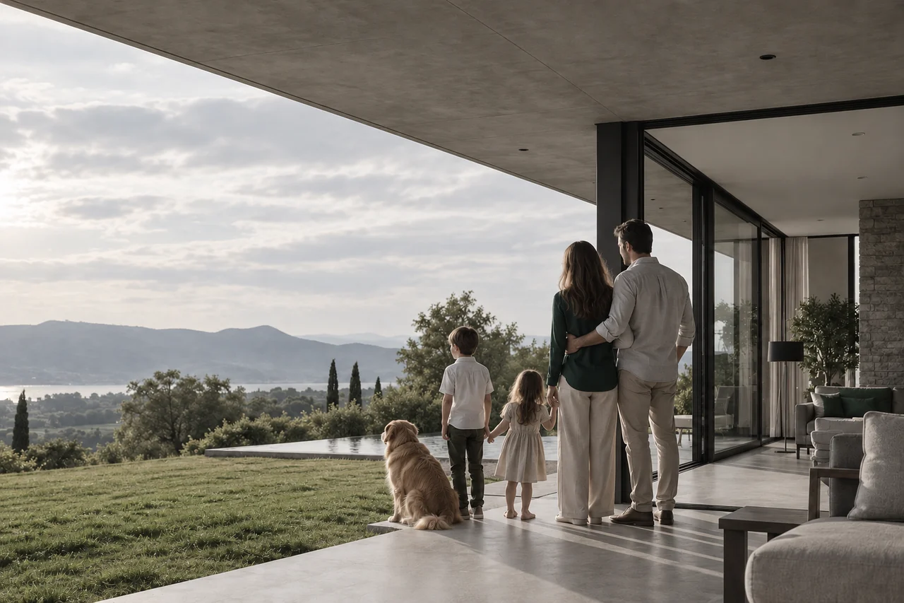 Família em um ambiente residencial diante de uma paisagem rural.