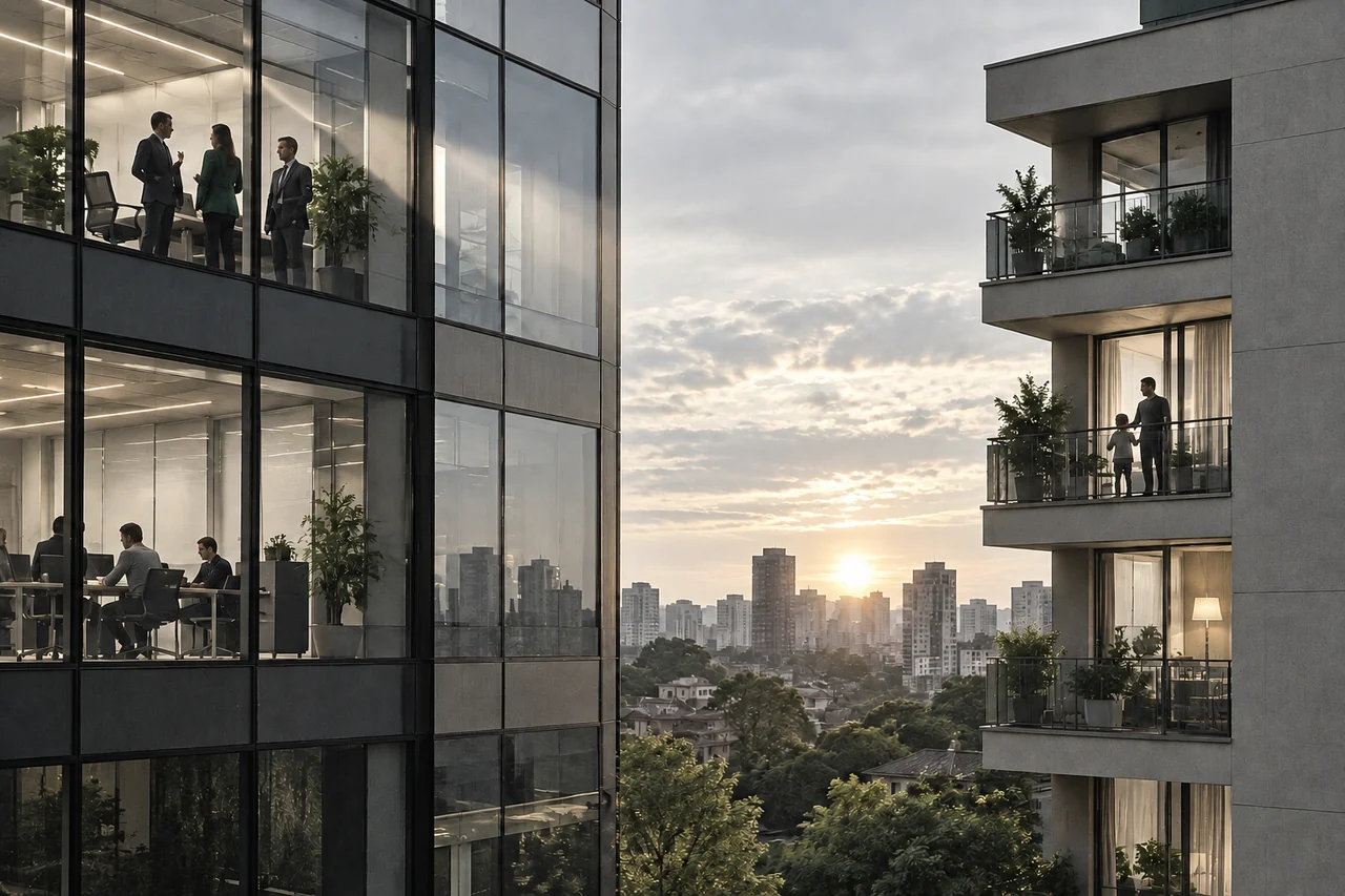 Luz passando de um edifício empresarial para uma área residencial.