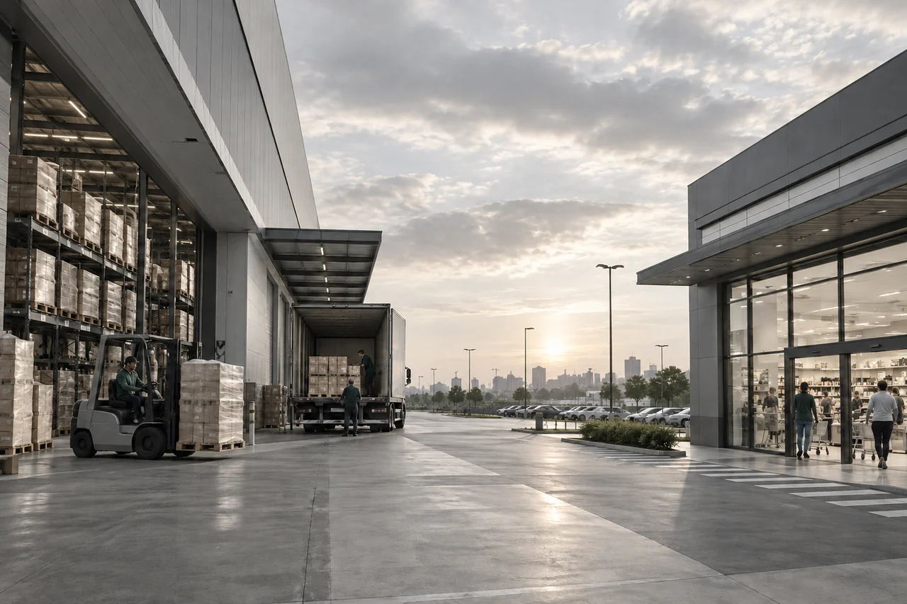 Centro de distribuição com instalações comerciais próximas.