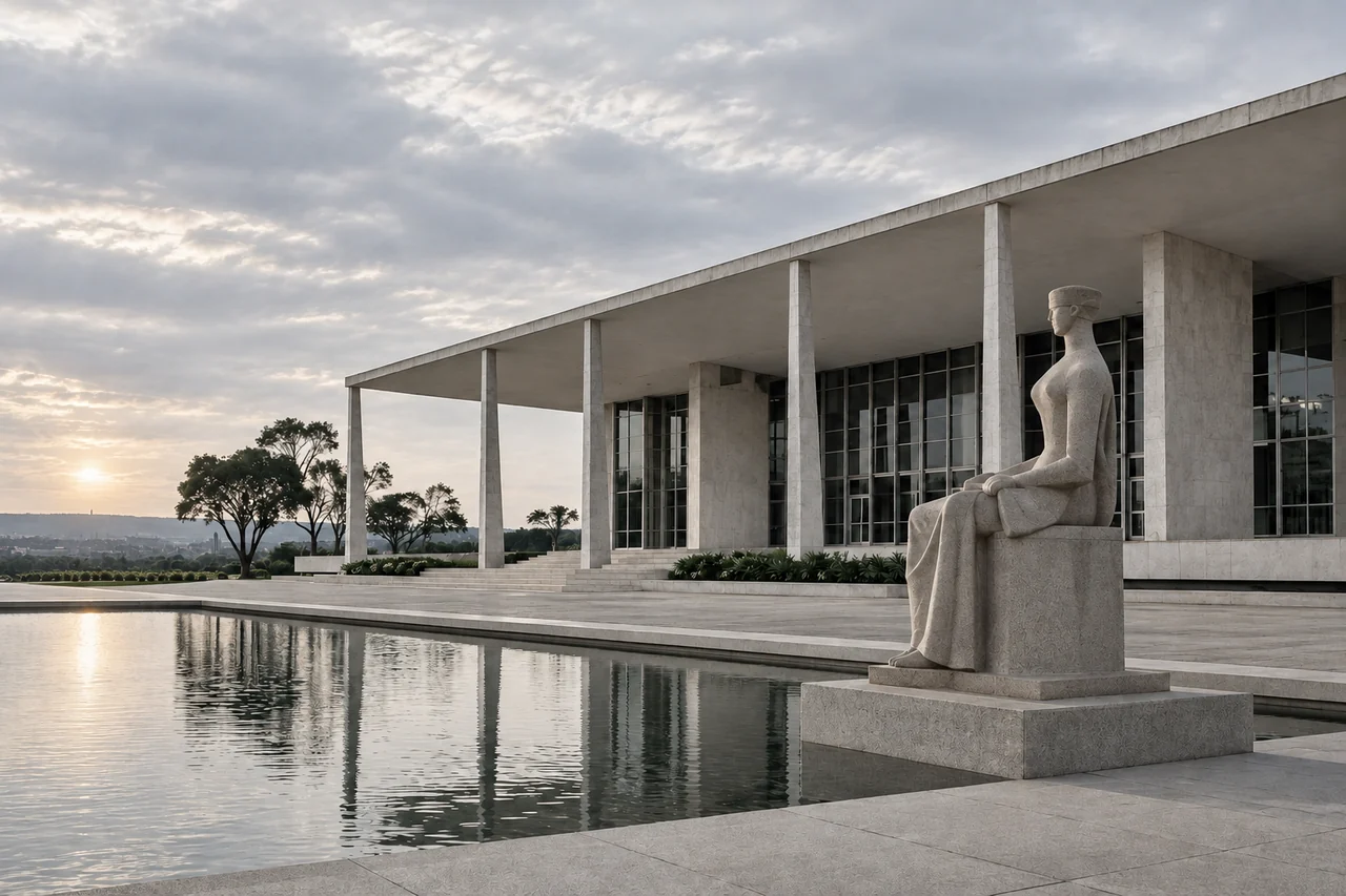 Edifício modernista em uma paisagem do Brasil Central.