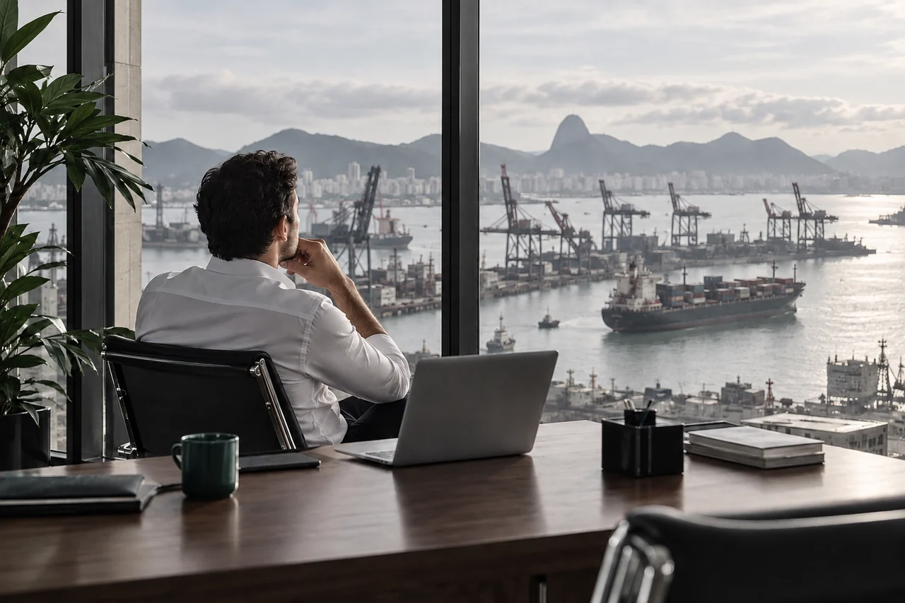 Porto internacional visto da mesa de um escritório.