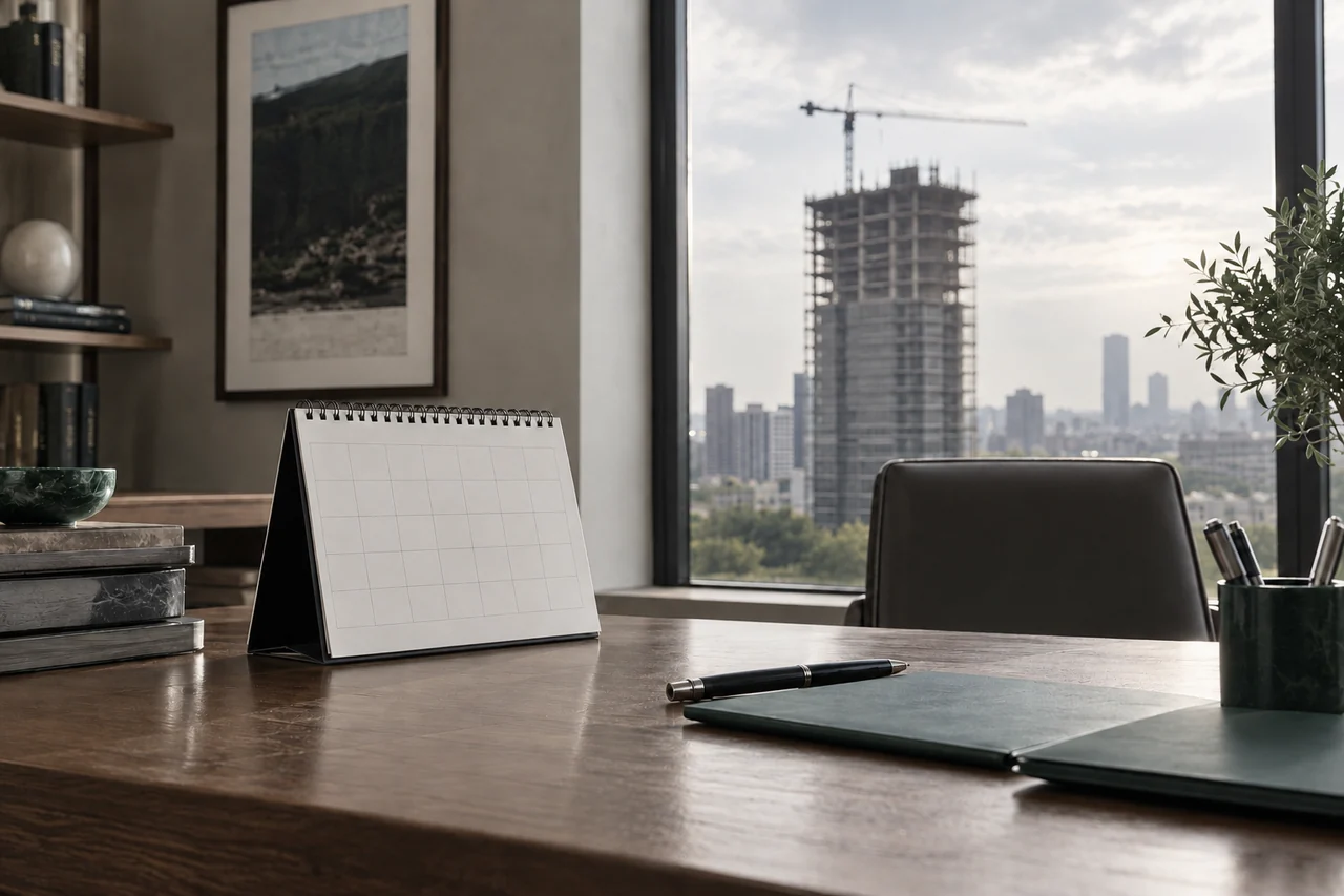 Mesa de escritório diante de uma construção em andamento.