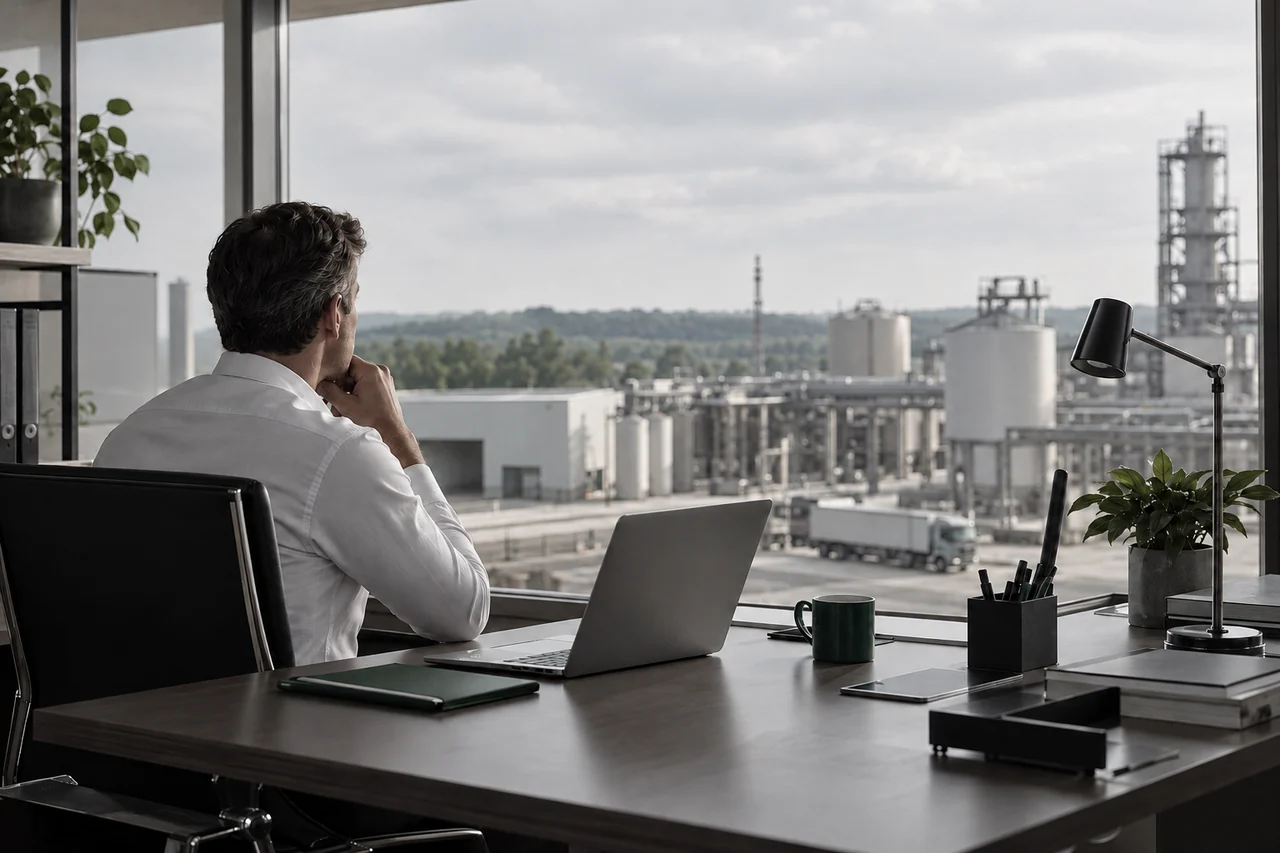Profissional em um escritório com vista para instalações industriais.