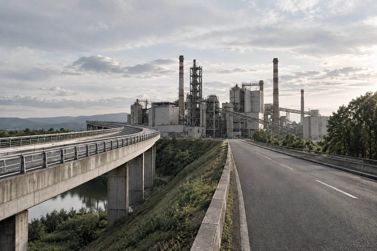 Via de acesso e estruturas industriais em uma paisagem com vegetação.