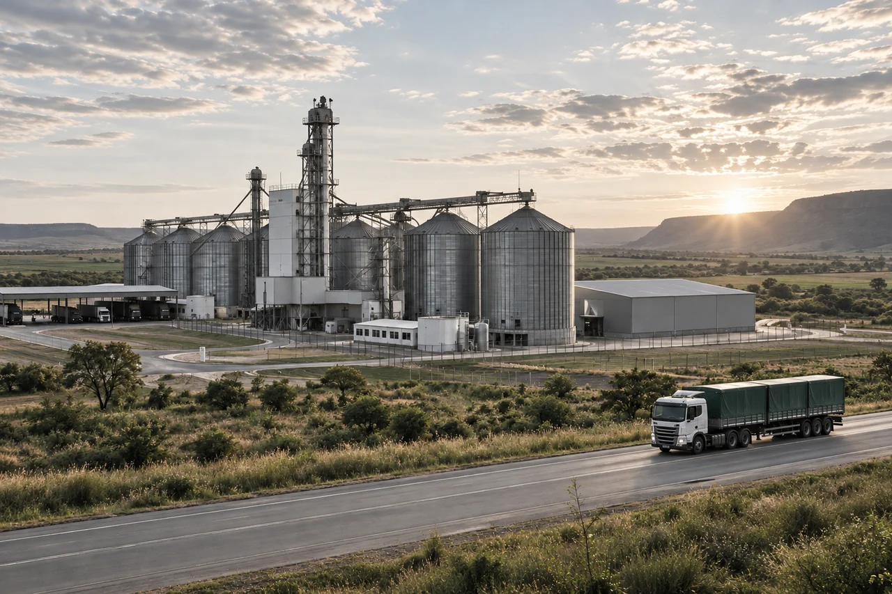 Instalação industrial e conexões logísticas em uma paisagem rural.