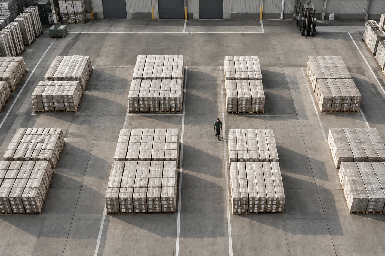 Áreas de armazenamento organizadas em um pátio industrial.