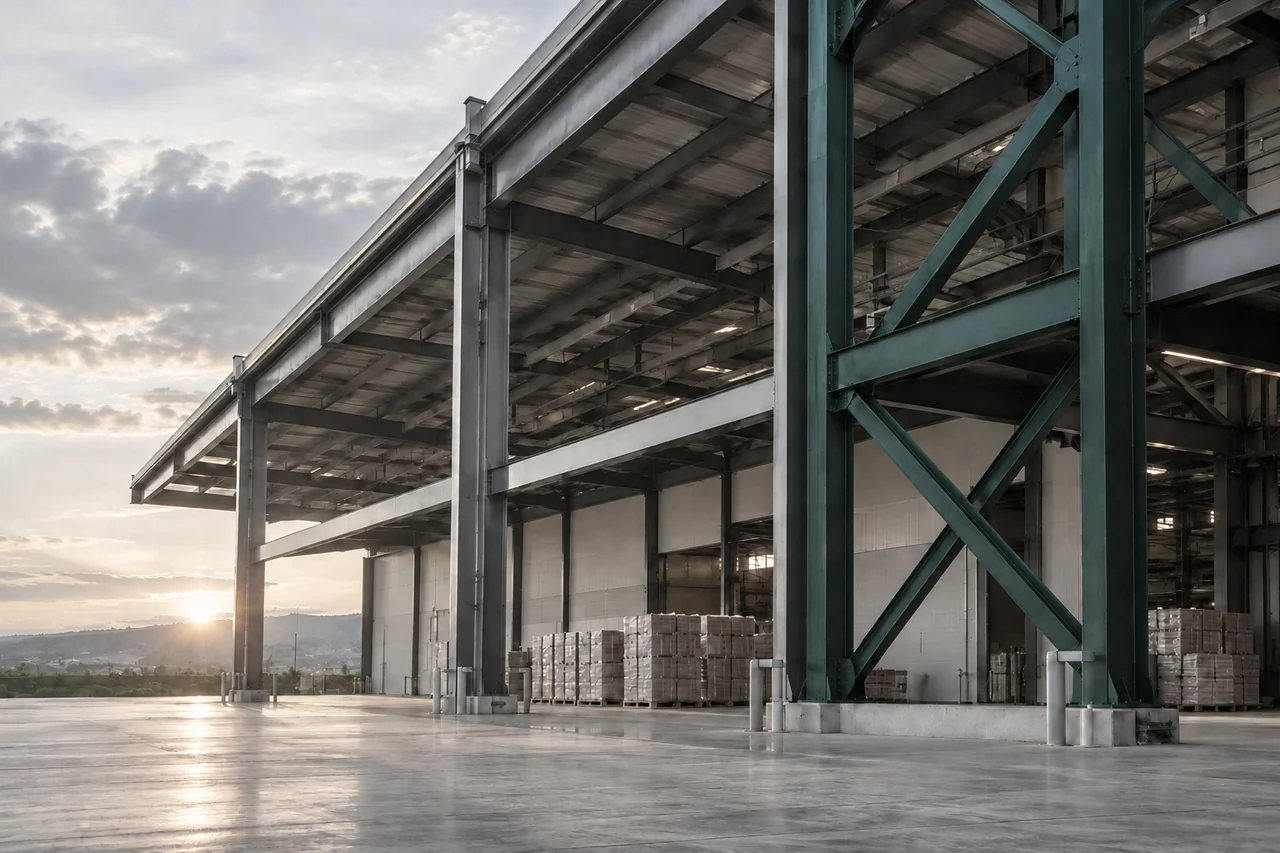 Vigas estruturais sustentando uma instalação industrial.