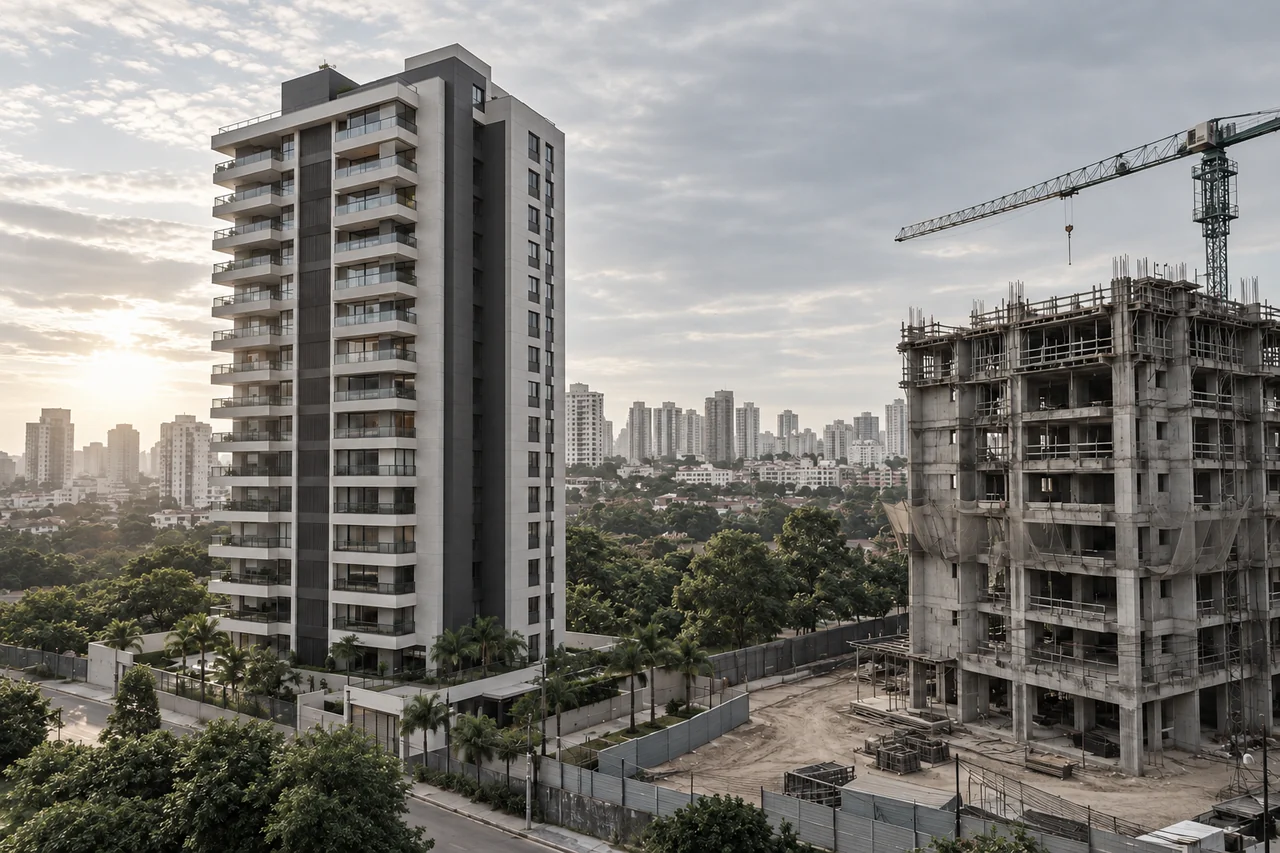 Edifício residencial pronto ao lado de uma obra em andamento.