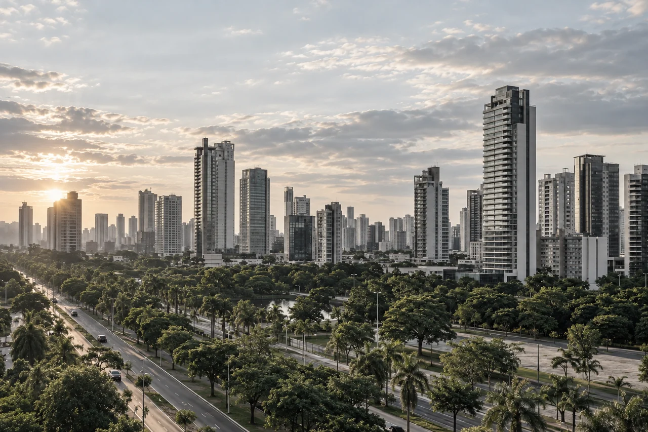 Paisagem urbana conceitual com edifícios e parques no Brasil Central.