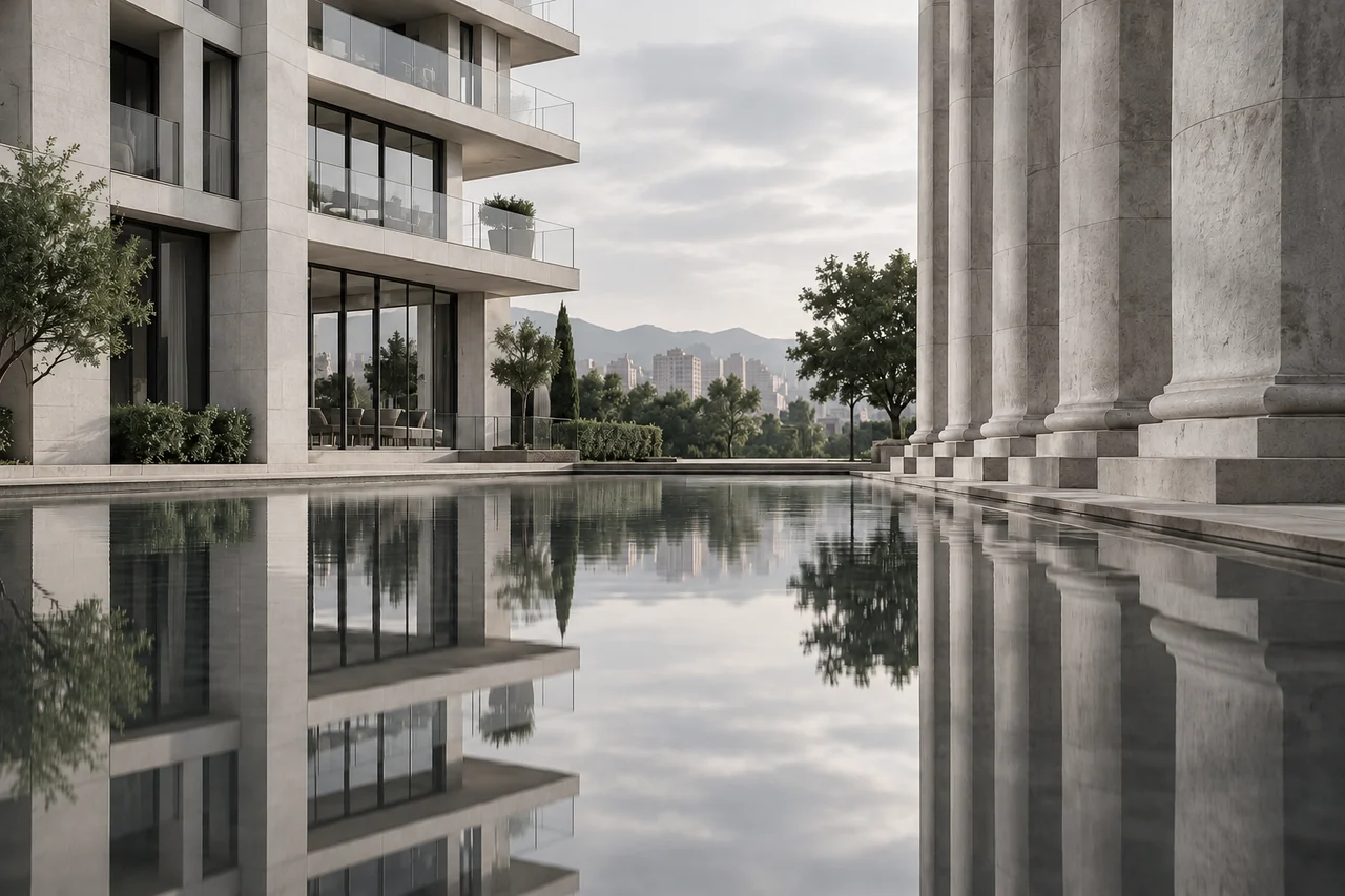 Edifício de apartamentos refletido em um espelho d’água.