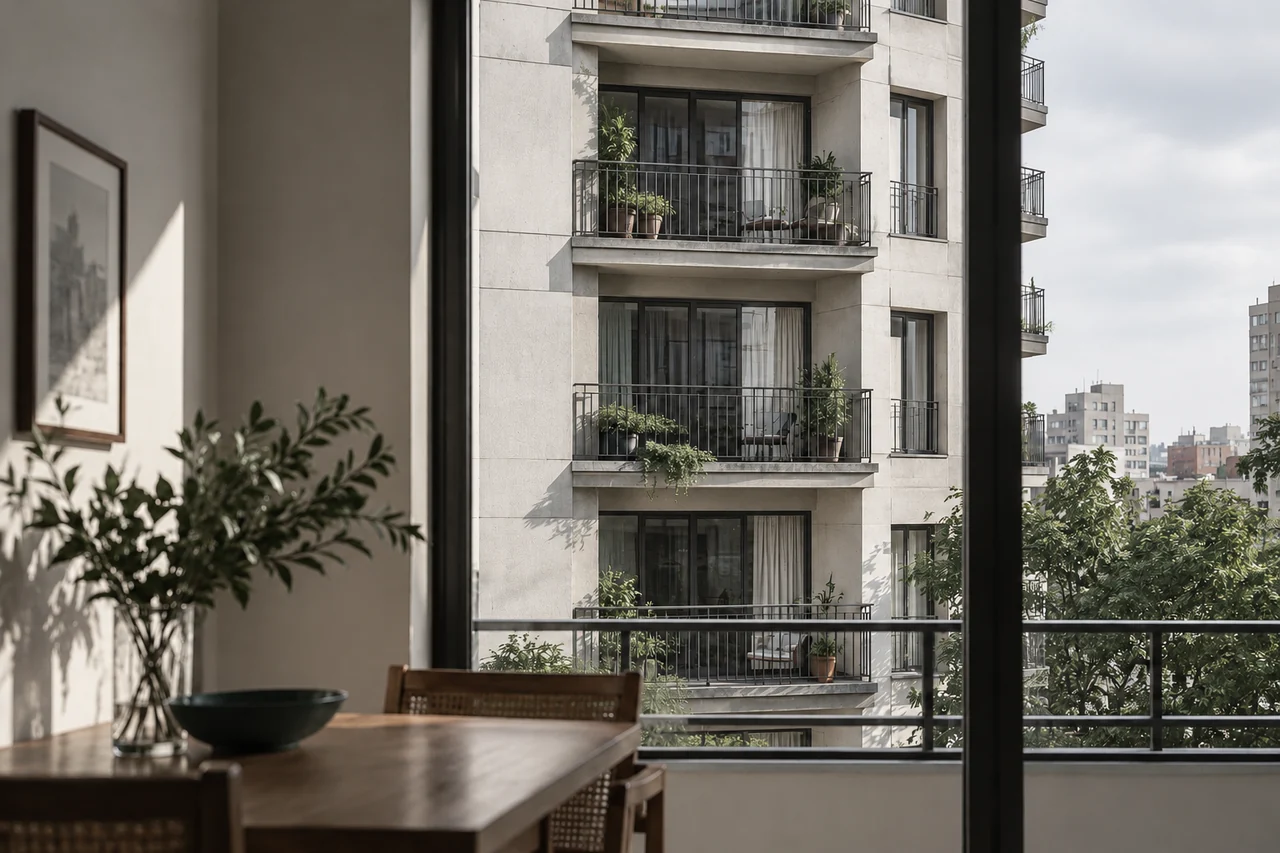 Fachada residencial vista por uma janela emoldurada.