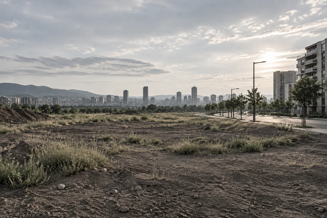Terreno urbano sem construção próximo à infraestrutura da cidade.