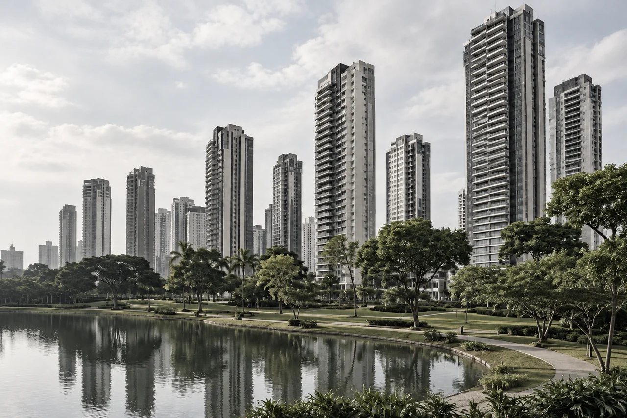 Torres residenciais diante de um parque urbano.