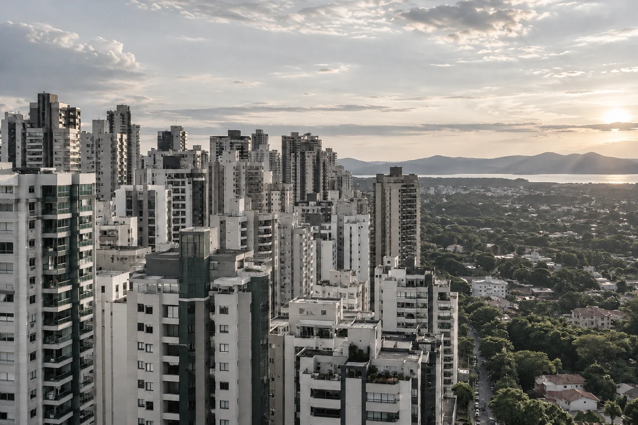 Conjunto de edifícios residenciais concentrados na paisagem.