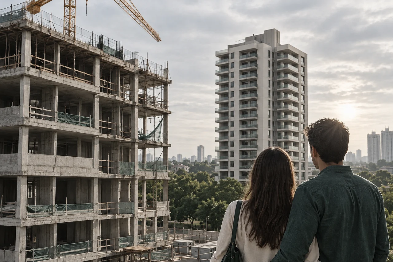 Casal diante de um edifício residencial em construção.