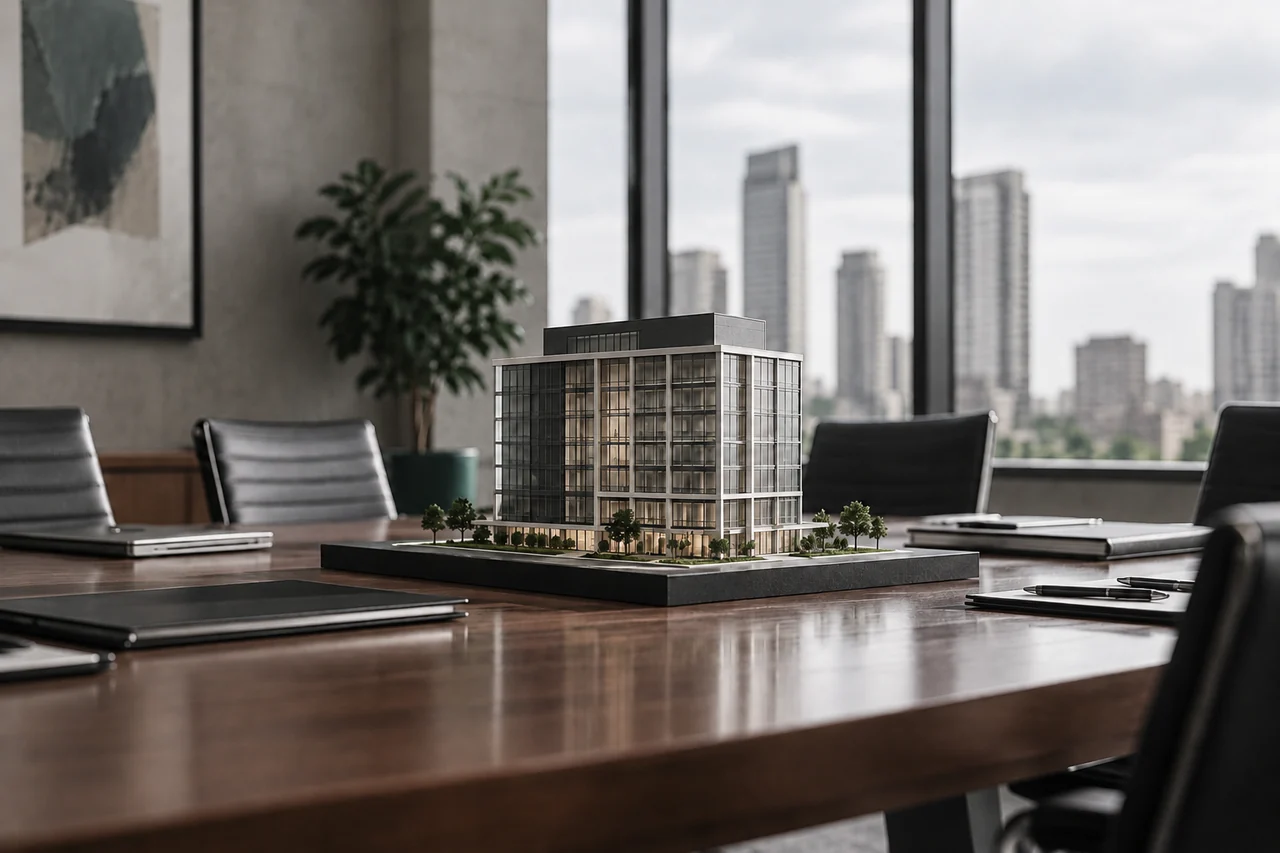 Maquete de edifício comercial sobre uma mesa de reunião.