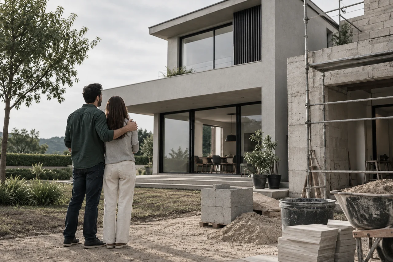 Residência com uma área de reforma ao lado.