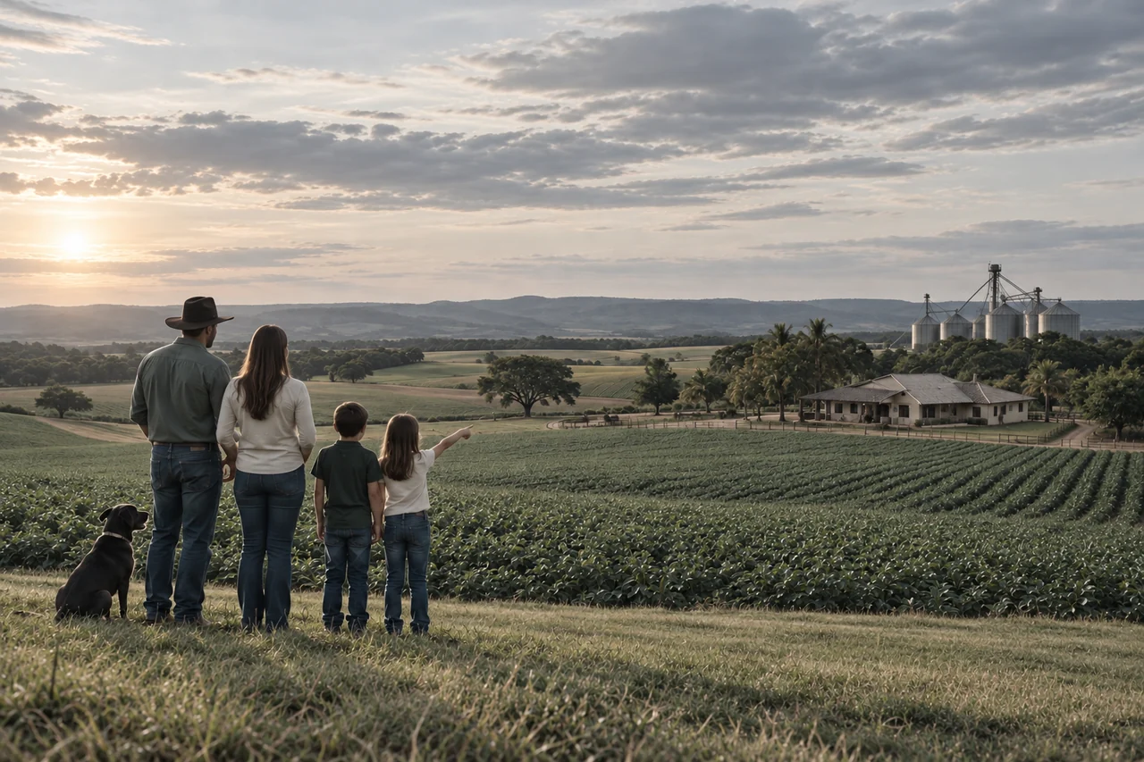 Família observando campos, uma casa rural e silos.