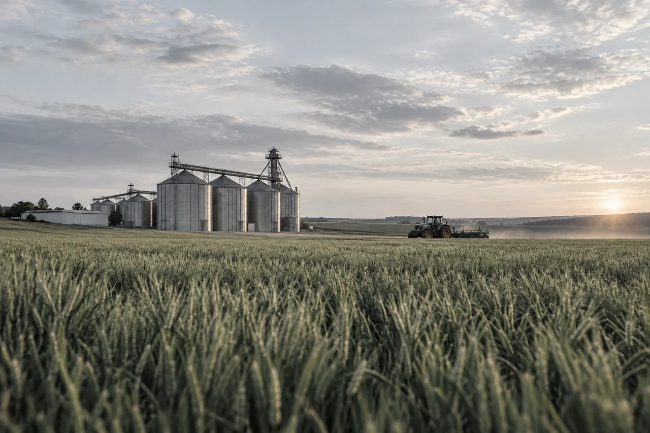 Plantação com silos de armazenamento no horizonte.
